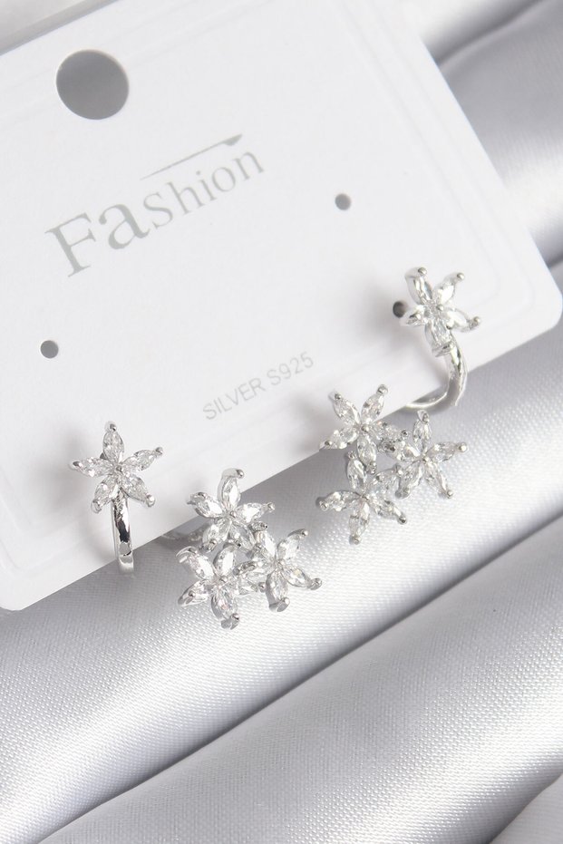 Brass Silver Color Zircon Cubic Zirconia Flower Design Women's Earrings - TJ-BKP8606