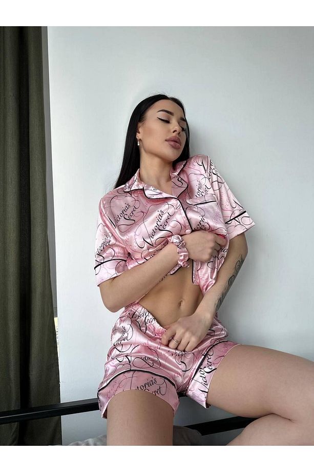 pembe kalpli saten şortlu pijama takımı - 7