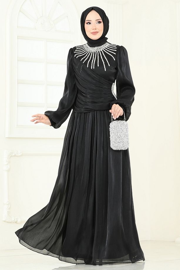 SUAL Önü Taşlı Organze Abiye 6238LPN858 Siyah - 1