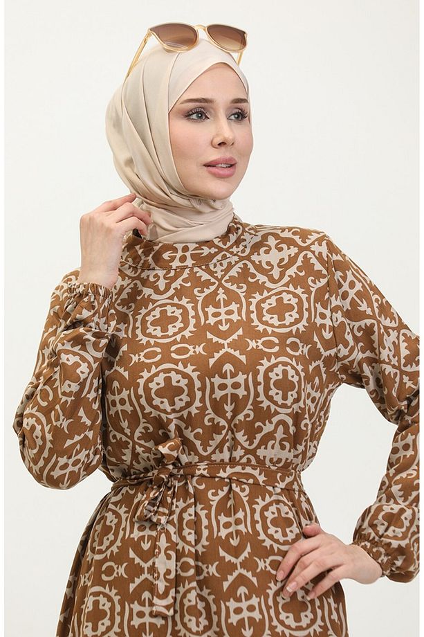 Desenli Viskon Elbise 0010-04 Taba - 3