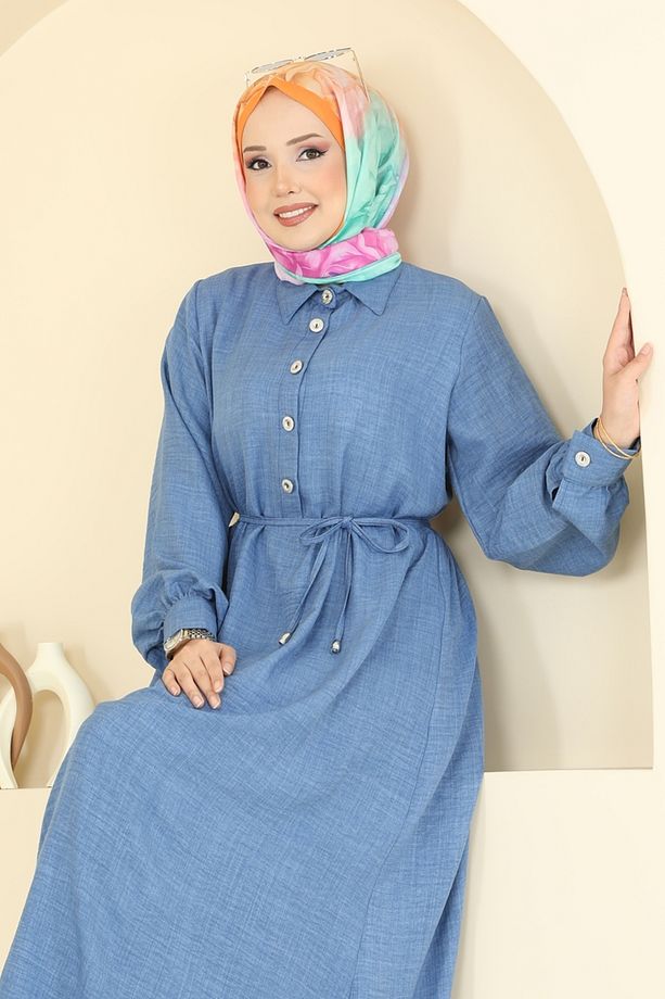 Yarım Düğmeli Sofia Elbise 381DVL817 İndigo - 4