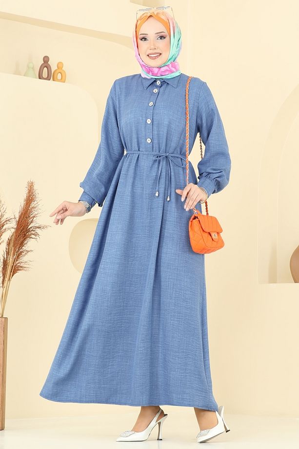 Yarım Düğmeli Sofia Elbise 381DVL817 İndigo - 3