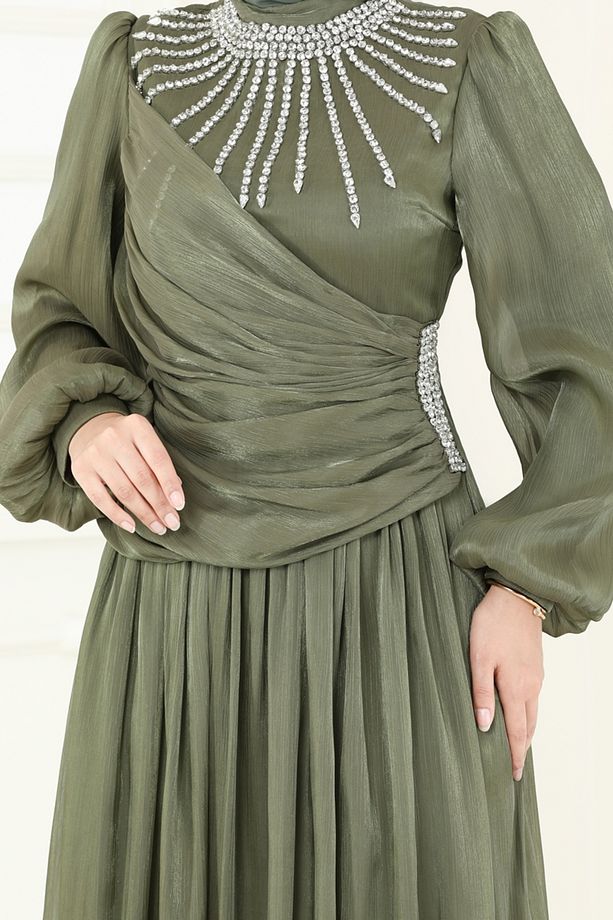 SUAL Önü Taşlı Organze Abiye Haki - 5
