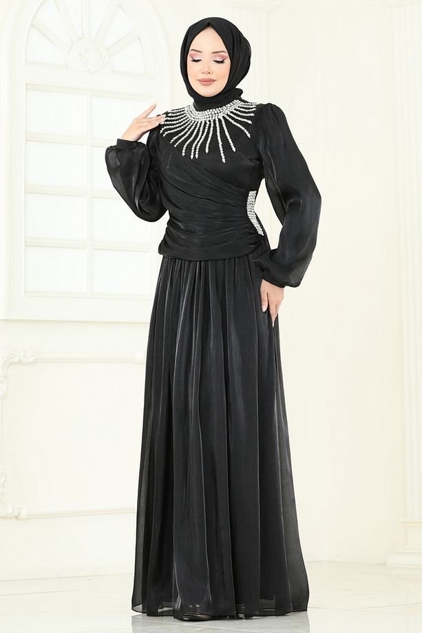 SUAL Önü Taşlı Organze Abiye 6238LPN858 Siyah - 3