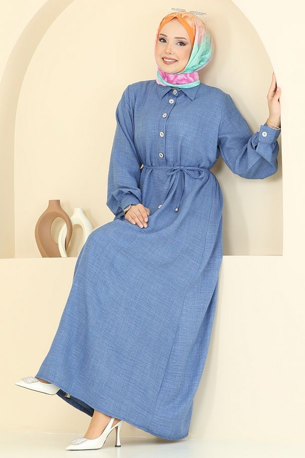 Yarım Düğmeli Sofia Elbise 381DVL817 İndigo - 1