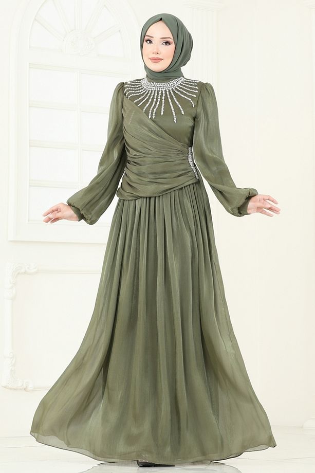 SUAL Önü Taşlı Organze Abiye Haki - 2