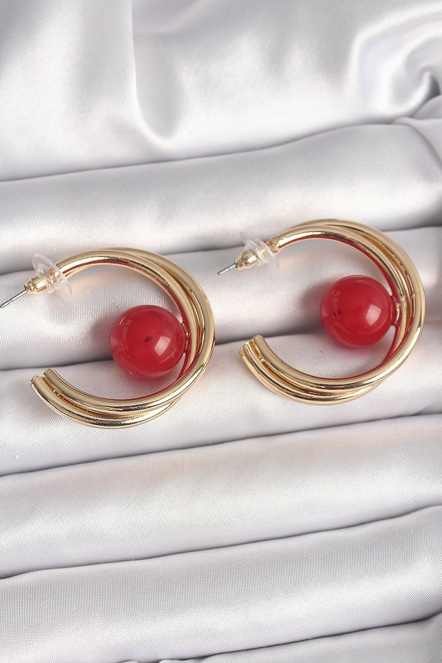 Brass Gold Color Hoop Model Red Bead Detail Women's Earrings - Tj-Bkp10366