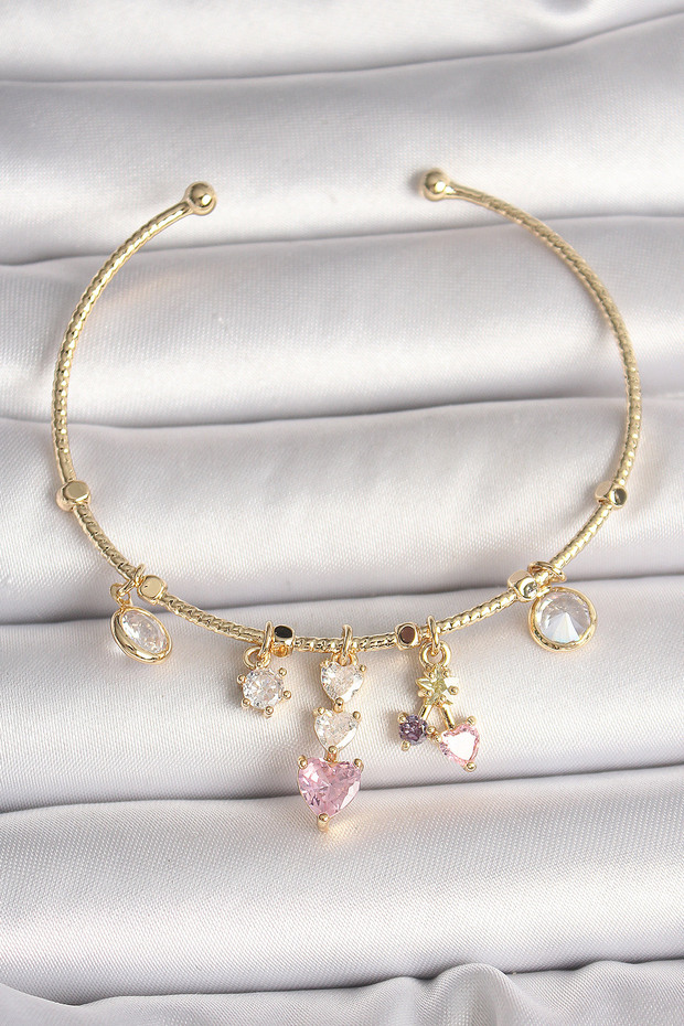Brass Gold Color Hanging Zircon Stone Heart Figure Pink Heart Detail Charm Women's Bracelet - Tj-Bb6897