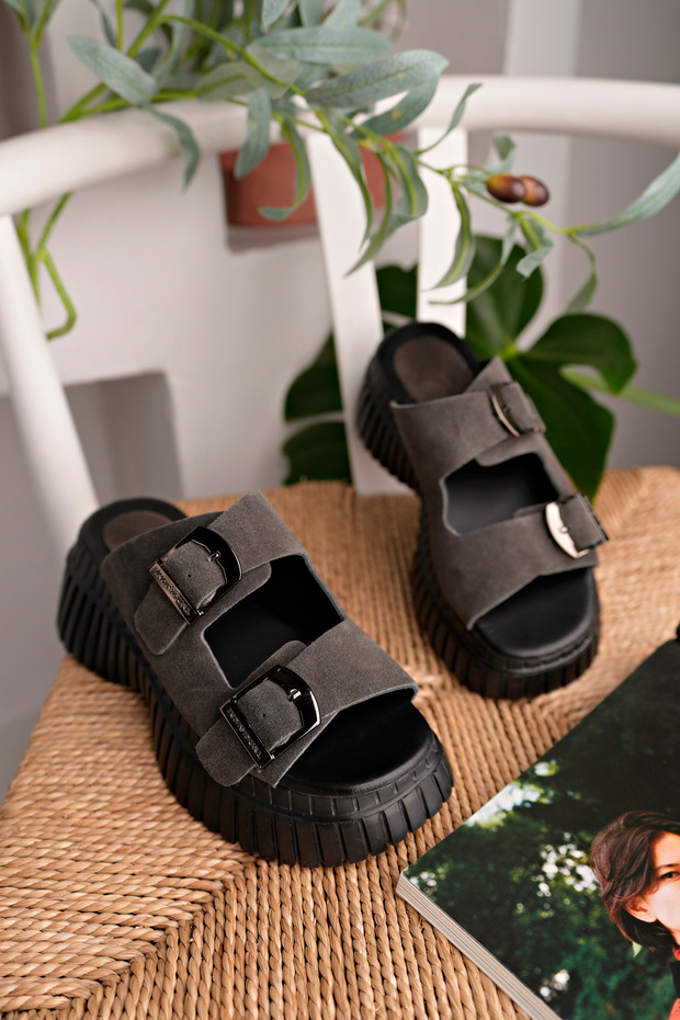 Pera Model Genuine Leather Anthracite Gray Suede Buckle Thick Sole Daily Women's Slippers