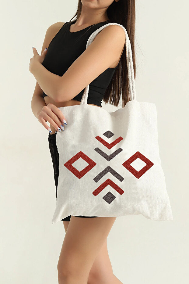 Punch Embroidered Canvas Fabric Beach and Casual Shoulder Bag – Colorful Design, Durable Woven, Summer