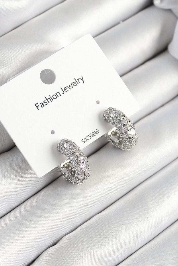 Brass Zircon Stone Hoop Model Silver Color Women's Earrings - Tj-Bkp10633