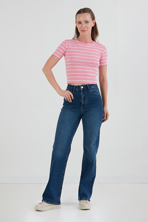 Basic Çizgili Crop Tişört - 2