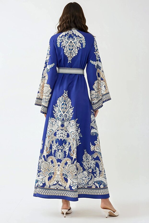 Desenli Kemerli Maxi Elbise - 5
