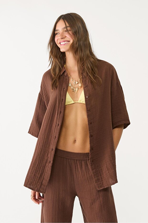 Dökümlü pamuklu gömlek - 3