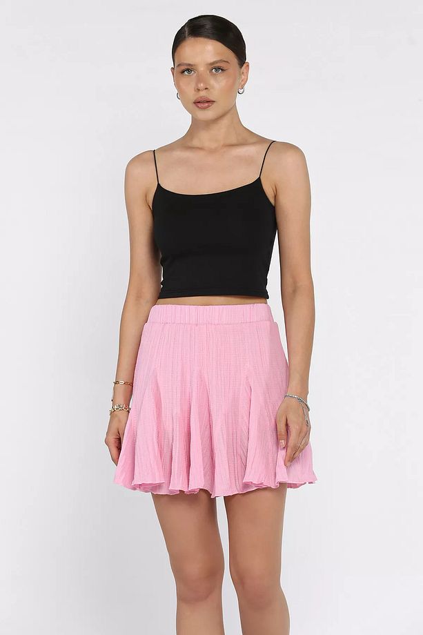 Pembe Bel Lastikli Şort Etek - 1