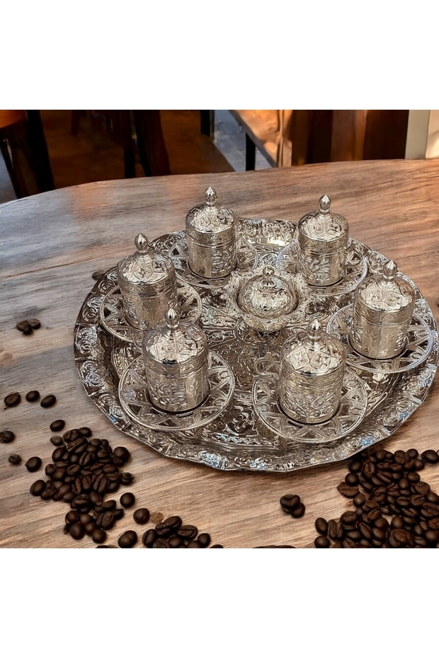 6 Kişilik Fincan Takımı Eskitme - Bakır Osmanlı Desenli Motifli Türk Kahvesi Kahve Fincanı - 1
