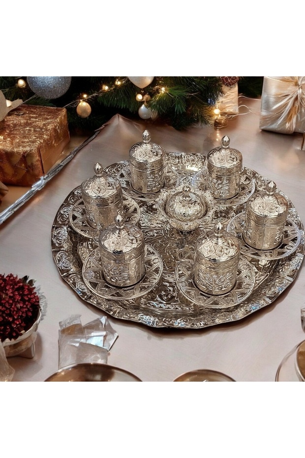 6 Kişilik Fincan Takımı Eskitme - Bakır Osmanlı Desenli Motifli Türk Kahvesi Kahve Fincanı - 3