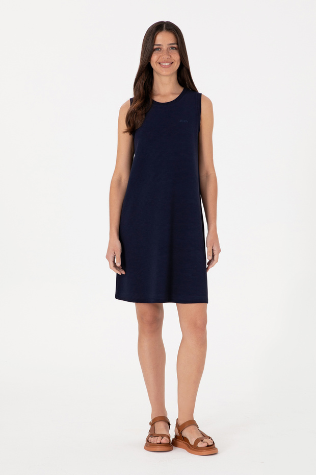 Women's Navy Blue Sleeveless Crew Neck Mini Length Knitted Dress 50305836-Vr033
