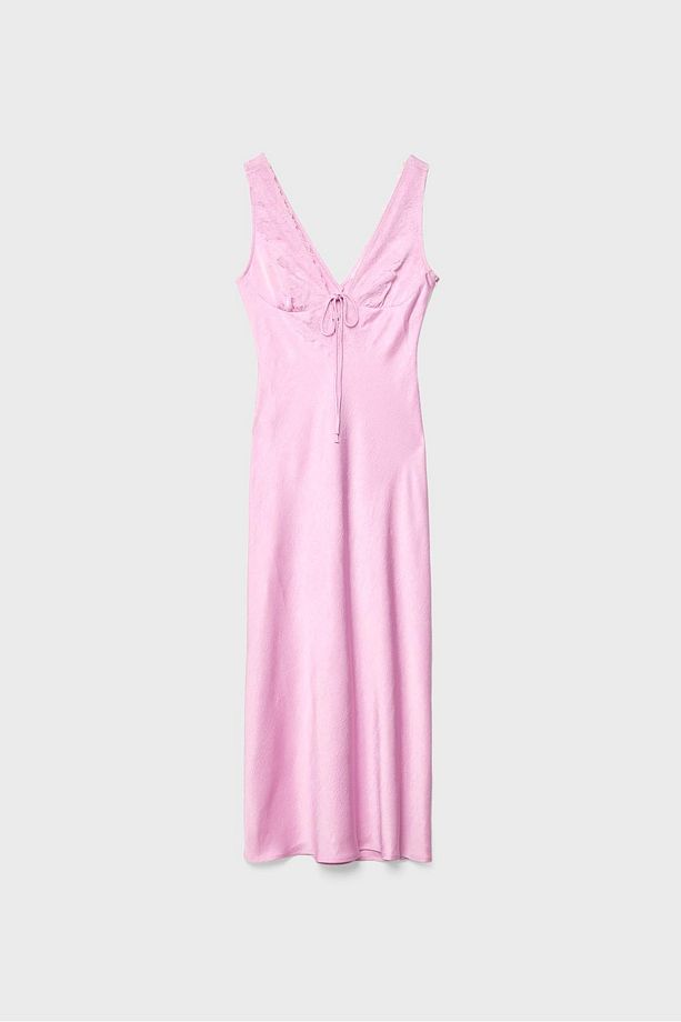 Saten Yüzeyli Dantel Midi Elbise - 6
