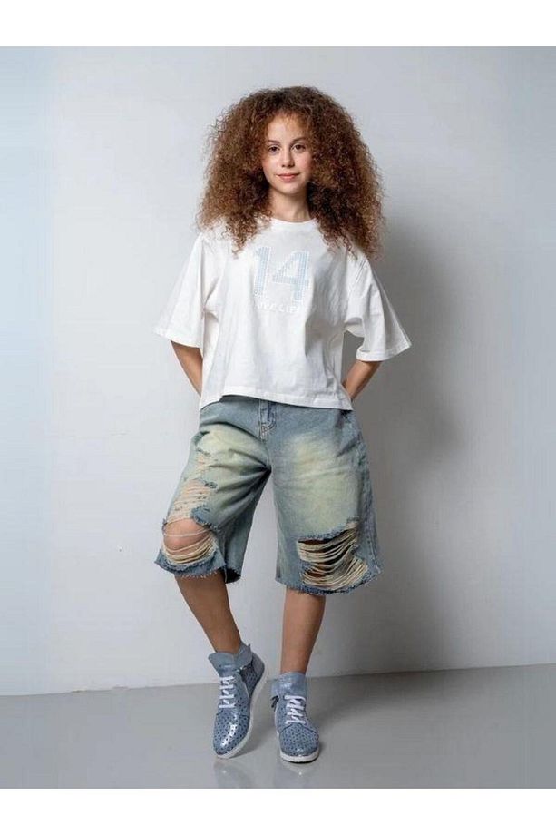 Kız Çocuk Yırtık Denim Kot Şort - 1
