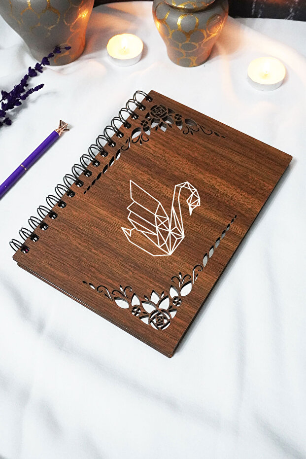 Swan Wooden Cover Notebook - Unlined Notebook - 60 Sheets (120 Pages) - A5 15X21 cm