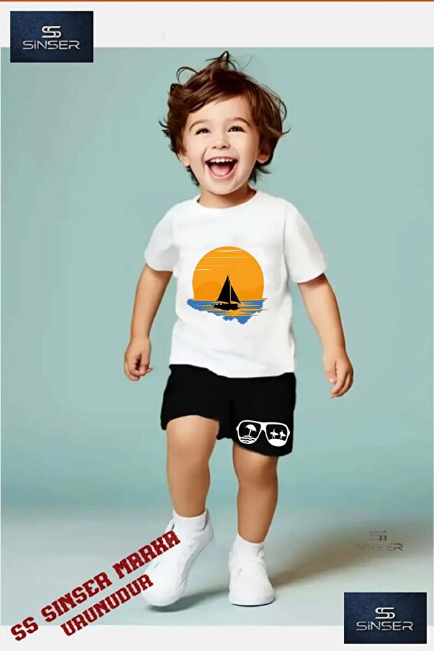 Kids “Sailing Sun Black“ Custom Printed Crew Neck T-Shirt - Shorts Set