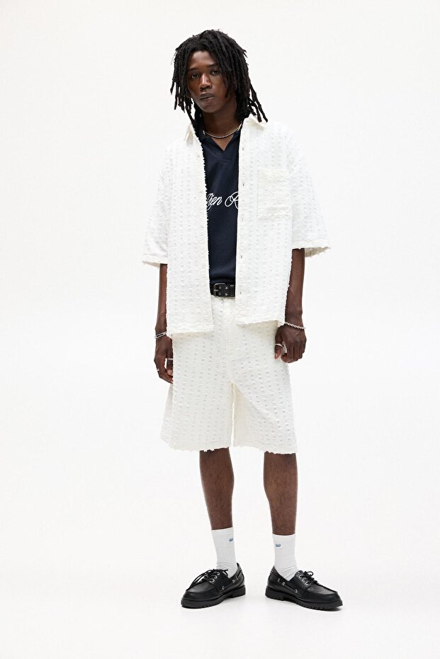 Dokulu bol kesim denim bermuda şort - 4