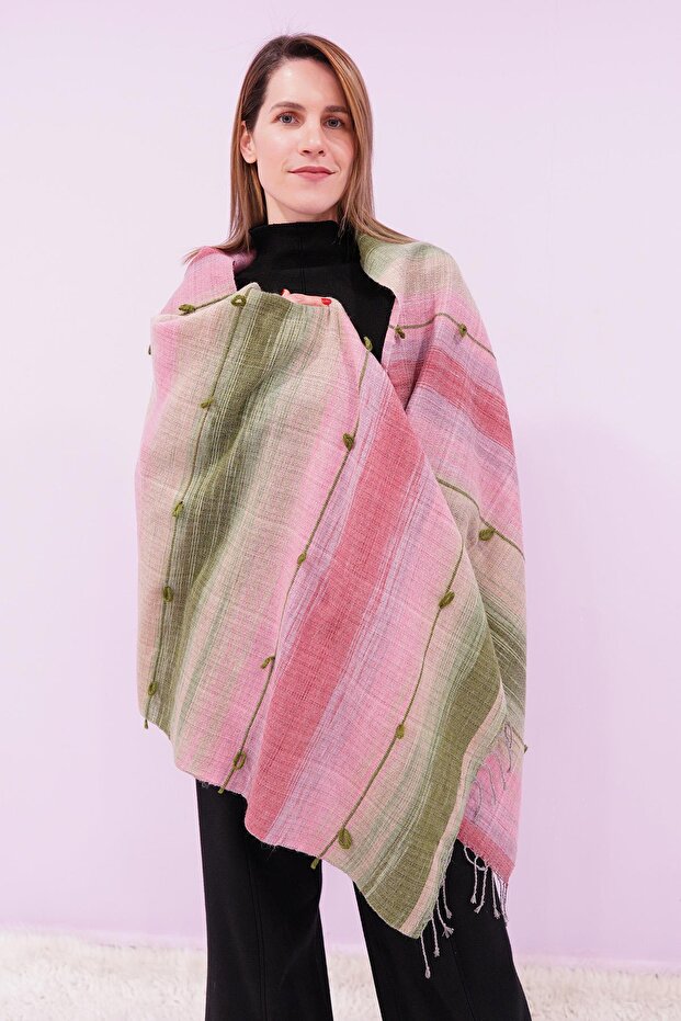 Hand-Woven Wool Shawl 65 X 205 cm - Pink-Green