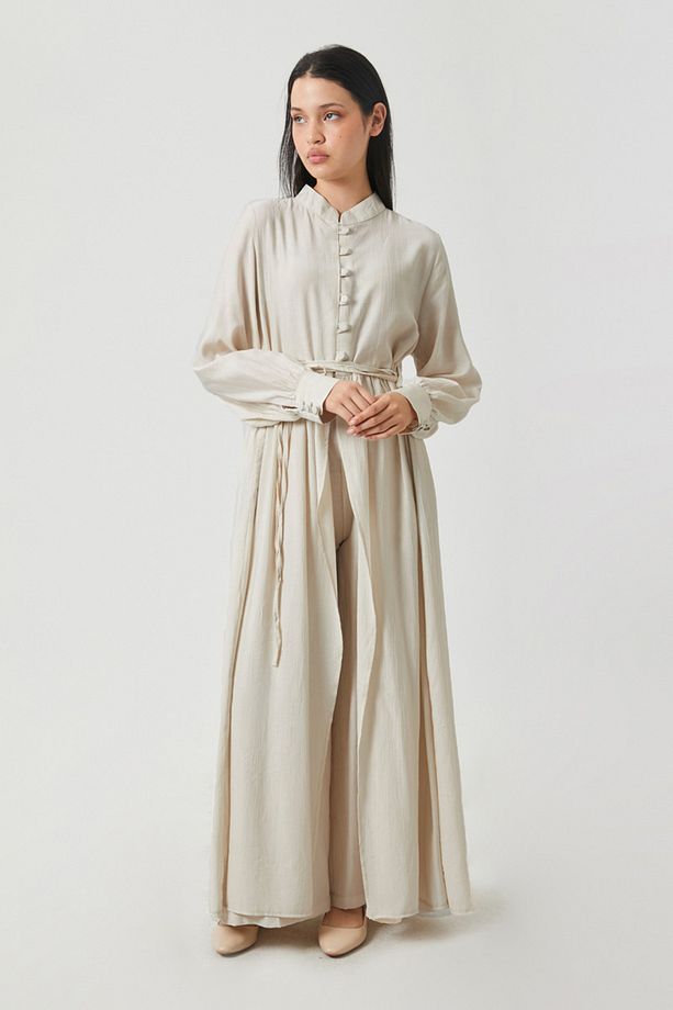 Yarım Düğmeli Abaya Takım Ekru - 5