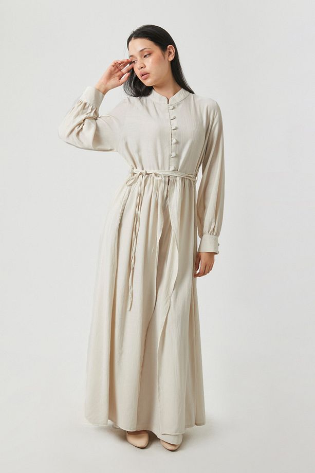 Yarım Düğmeli Abaya Takım Ekru - 3