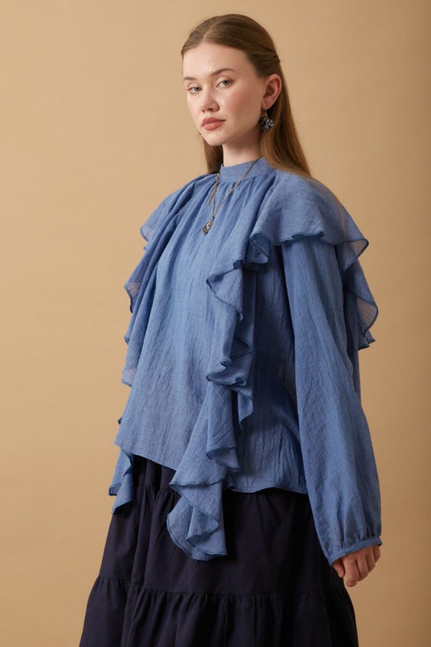 Volanlı Bluz İndigo - 6