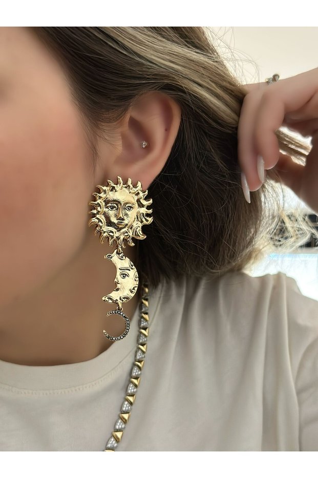 Zircon Stone Sun and Moon Detail Dangle Earrings