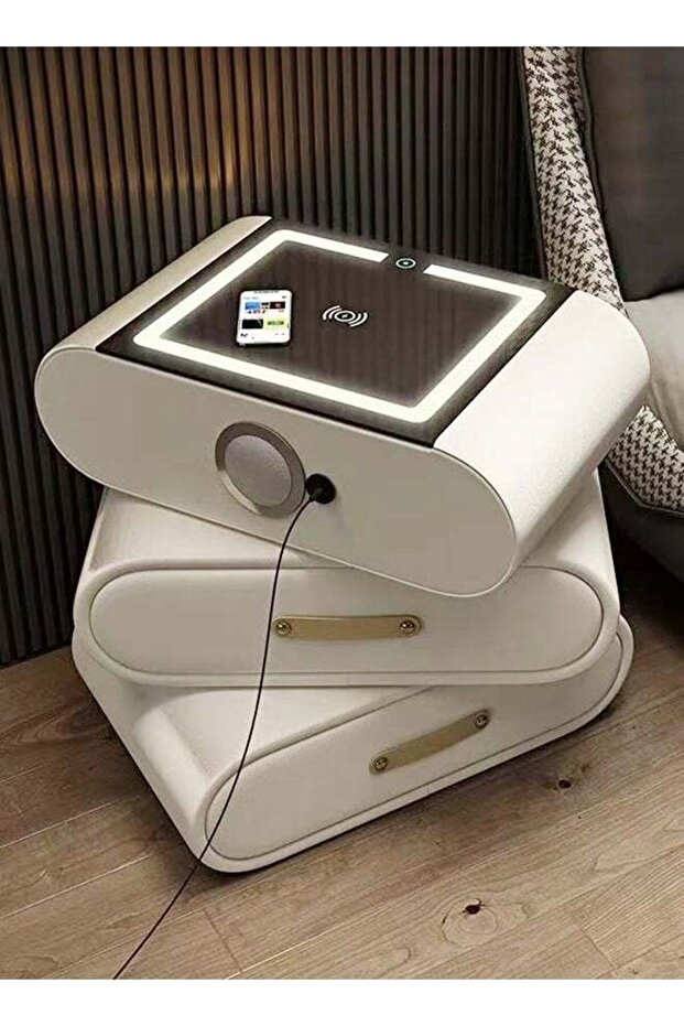 Modern Design 360° Rotating Smart Bedside Table Minimalist Nightstand with 3 Storage Drawers Wireless Charging Station Induction Lights and Stereo Speakers Solid Wood End Table 52x41x52 cm