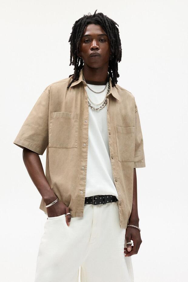 Yıkama efektli kısa kollu gömlek - 2