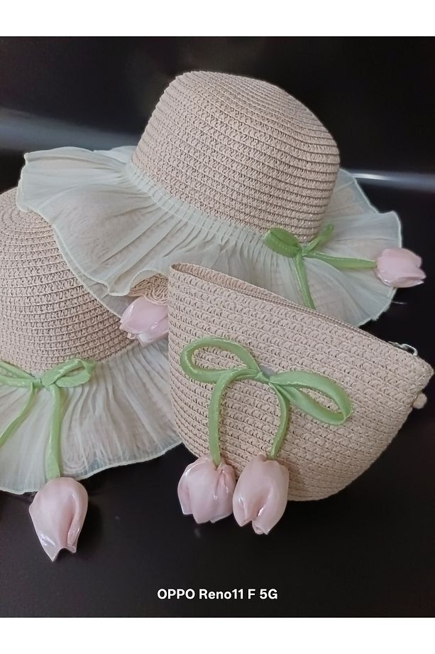 Pembe Lale Kurdele Hasır Şapka Takımı 💕 - 2