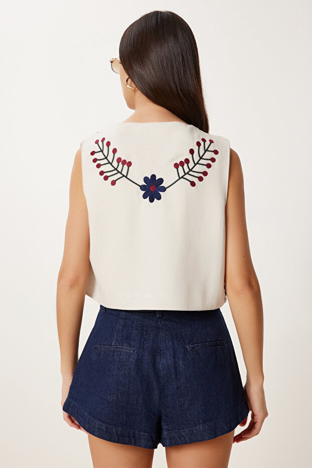 Nakış İşlemeli Keten Yelek TAŞ LDJ0002 - 4