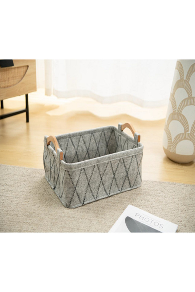 سلة تخزين متينة على شكل مستطيل بمقبض خشبي - 1