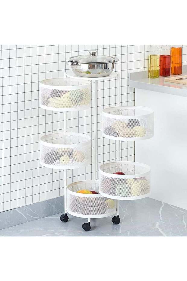 Rotating Multilayer Fruit and Vegetable Storage Rack with Snack Shelves for Kitchen and Living Room