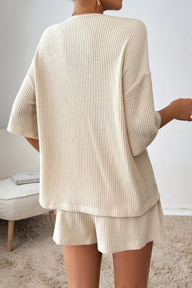 Kadın Bej Kısa Kollu Bağlamalı Waffle Alt-Üst Şort Takım - 2