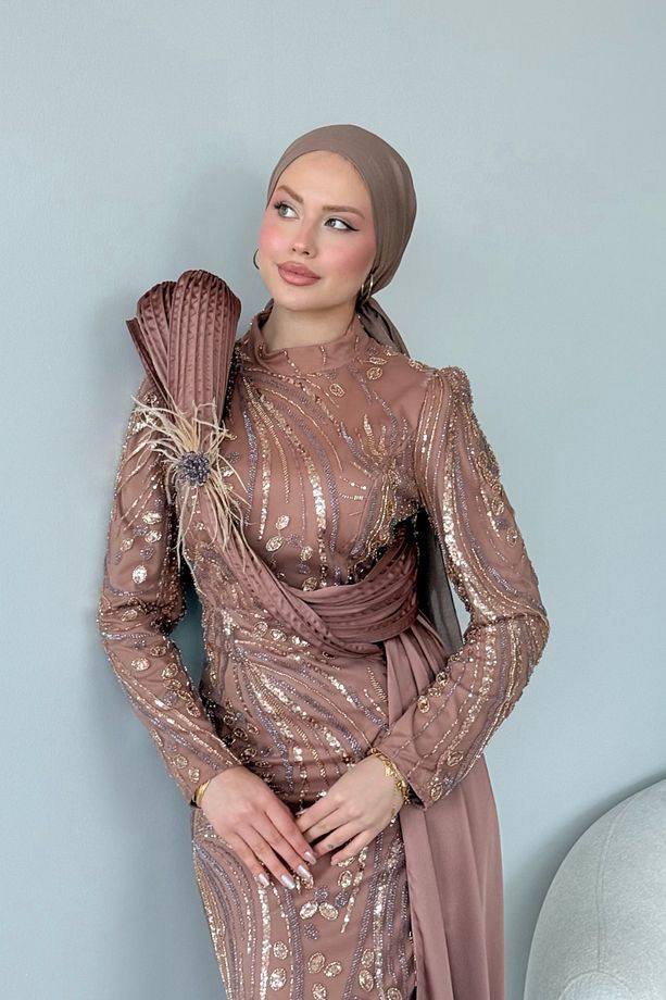 Lale Kristal Drapeli Abiye Camel - 4