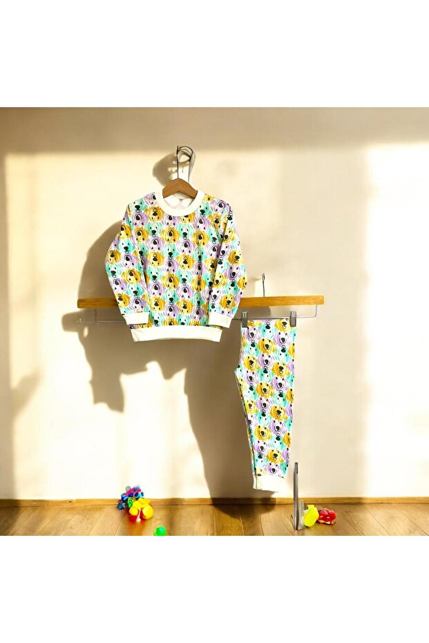 Dog Patterned Pajama Set for Girls and Boys - Purple