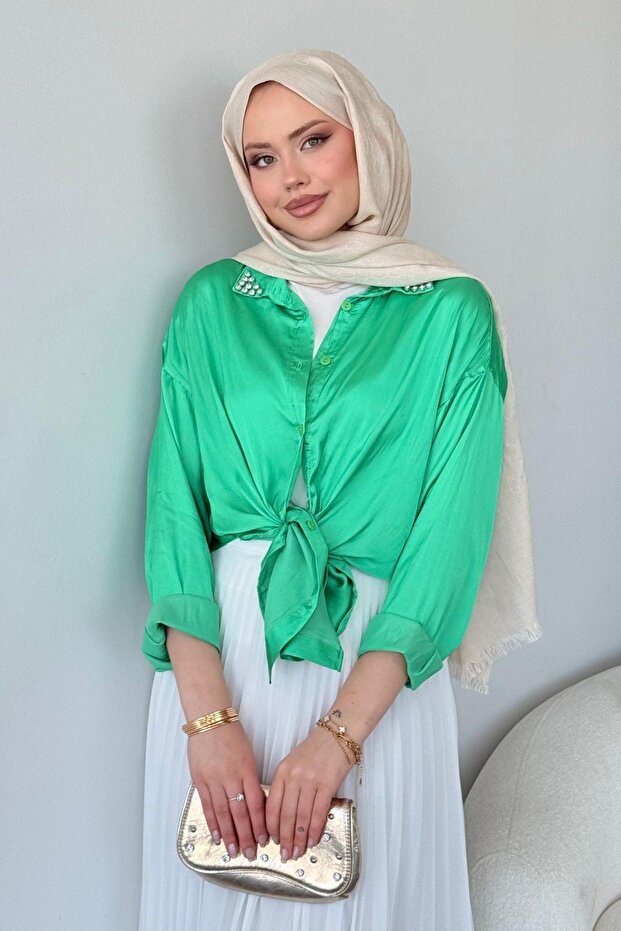 Stoned Satin Shirt Light Green