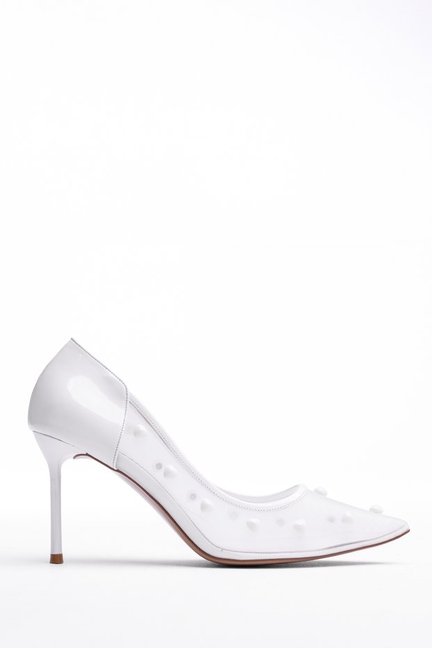White Evening Dress Shoes Women's Stiletto Tulle Beaded Patterned Heeled Shoes