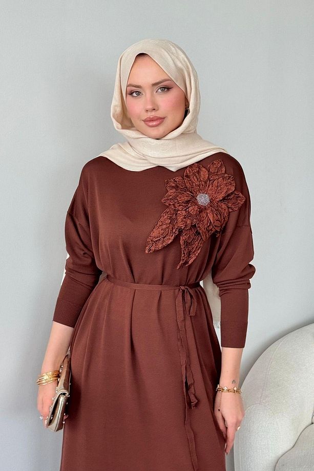 Zambak Merserize Elbise Kahve - 3