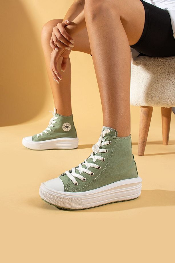 Kadın Yeşil Unisex Yüksek Taban Boğazlı Convers Model Keten Sneaker Bot - 1