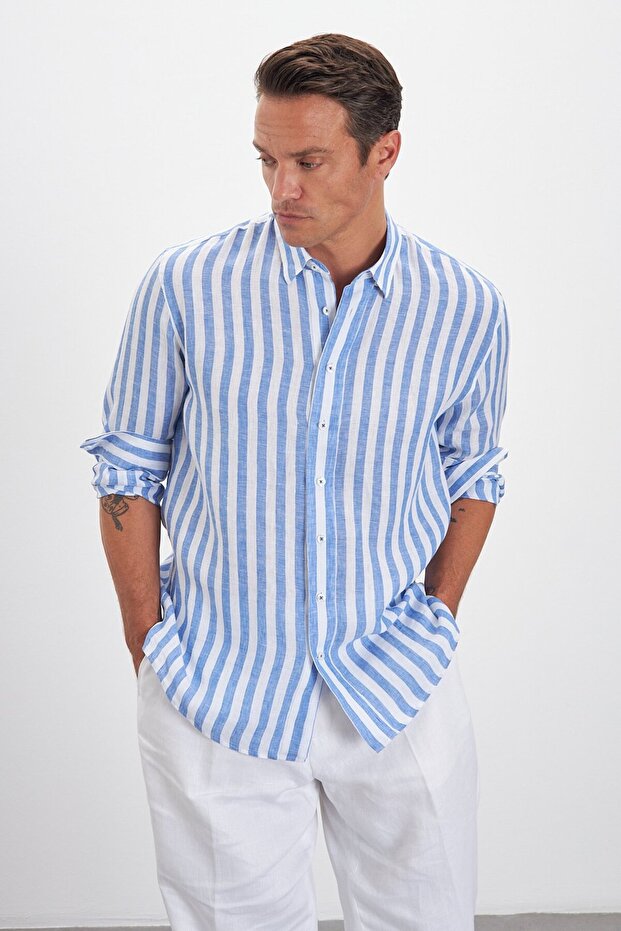 Relax Fit Striped Bottom Collar 100% Linen Men's Shirt