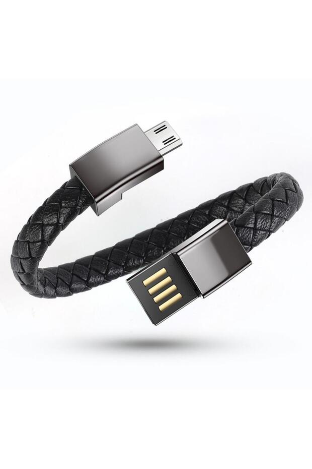 سوار معصم جلد مع كيبل USB-C مدمج للشحن ونقل البيانات بطول 22 سم
