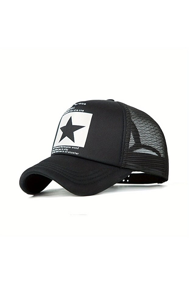 قبعة سوداء شبكية مطبوعة على شكل نجمة - 1