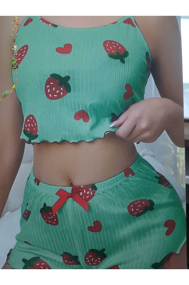 Kalpli Çilekli Yeşil Askılı Şortlu Pijama Takımı - 5