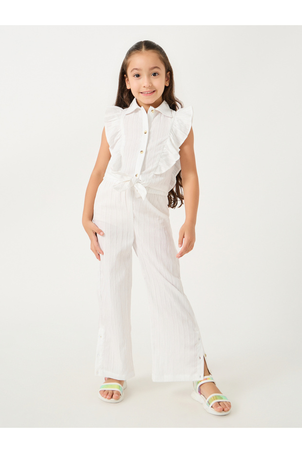 Textured Cap Sleeves Tie-Up Shirt and Wide Leg Pants Set